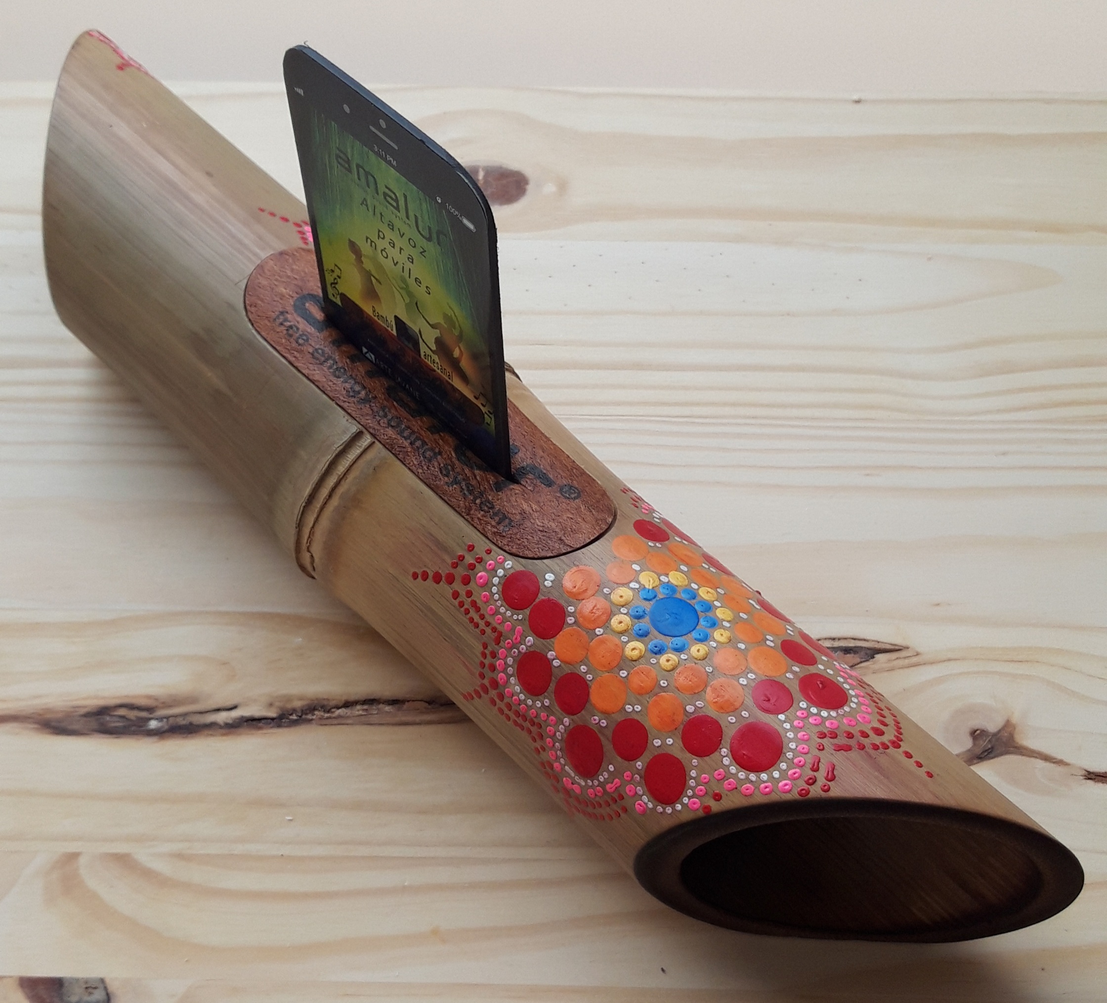 Altavoz Para Móviles De Bambú Blanco Pintado Floral - Imagen 3